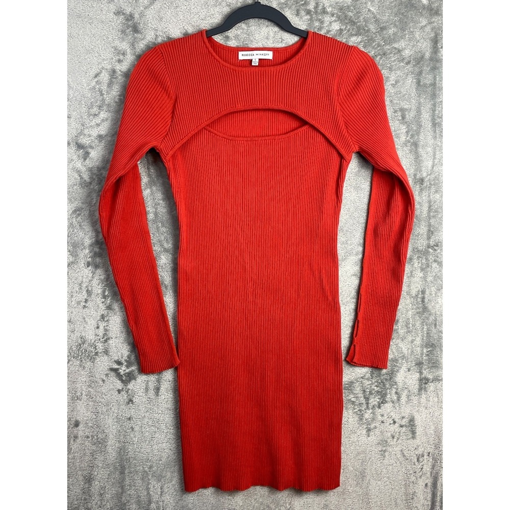 Rebecca Minkoff Lauren Dress Large Orange Cut Out Ribbed Knit Mini LS Bodycon